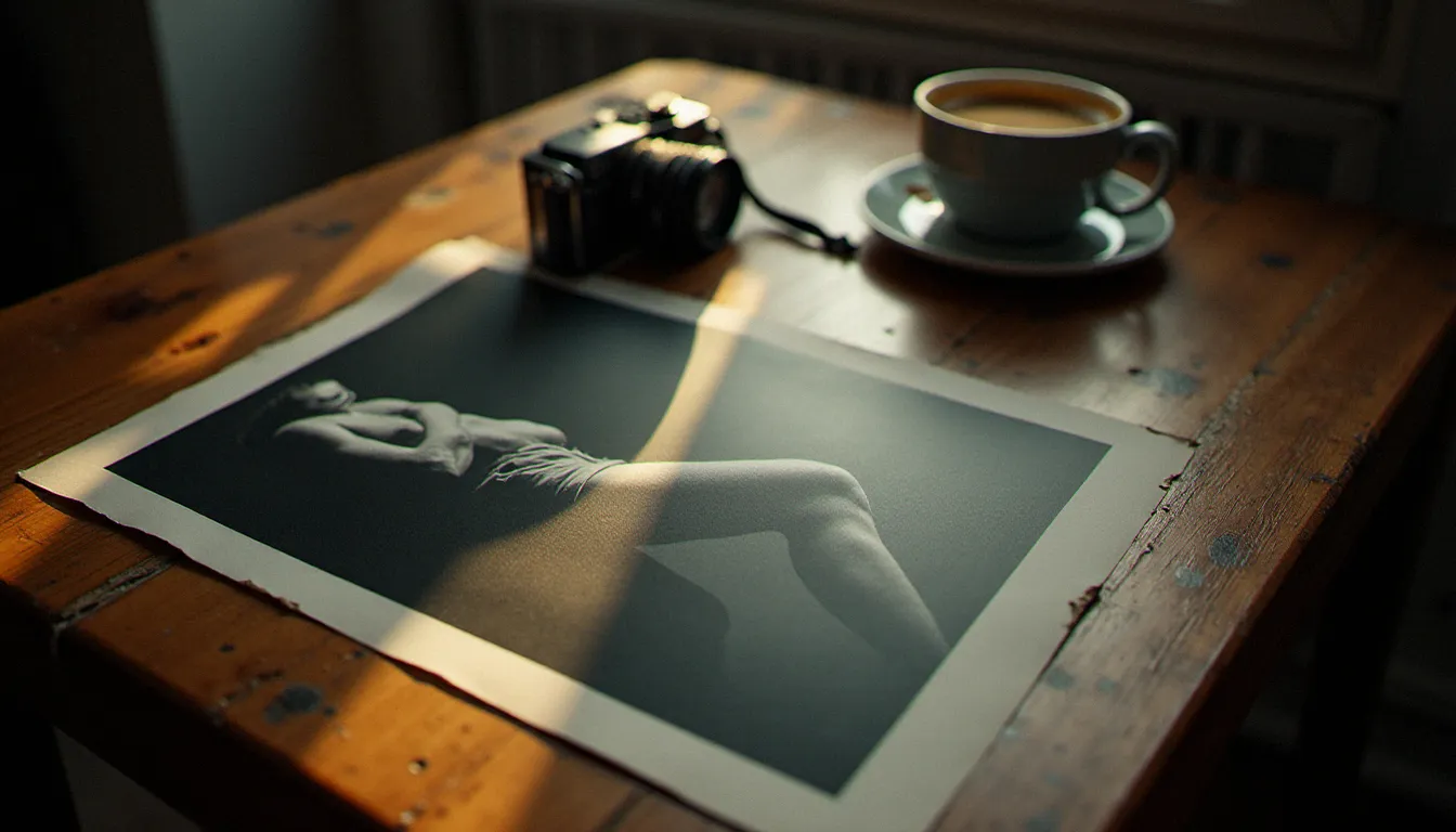 Tirage photographique noir et blanc d'un instant humain fort posé sur une table en bois, évoquant l'univers des grandes photos primées au Prix Pulitzer de photojournalisme