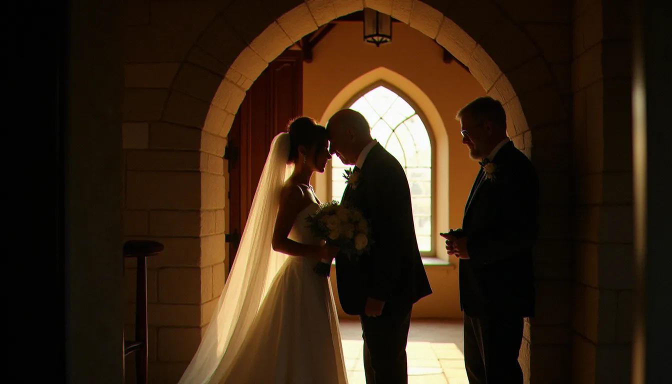 Photographe de mariage discret observant un moment d'émotion authentique entre la mariée et son père dans une chapelle française, capturant l'instant à la manière des reporters ayant remporté une photo Prix Pulitzer