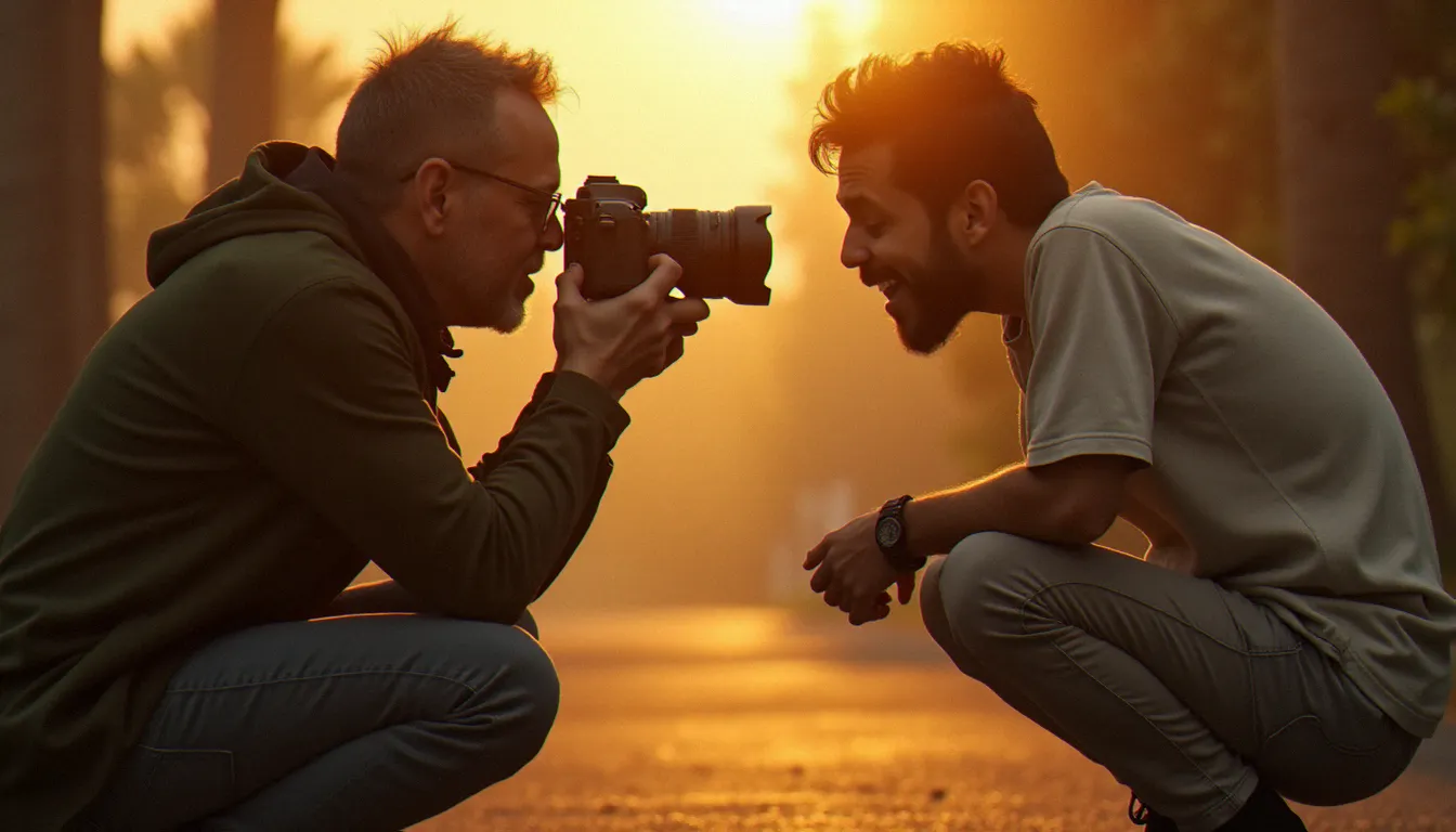 Photographe documentaire en action capturant un instant décisif dans la lumière naturelle, dans le style des grandes photos Prix Pulitzer qui ont marqué l'histoire du photojournalisme