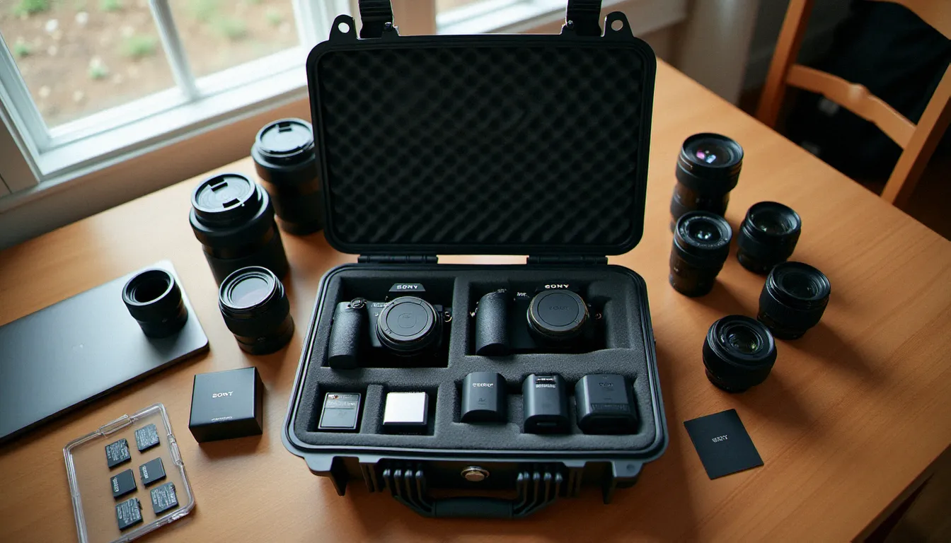 Matériel photographique professionnel déployé pour un mariage, deux boîtiers hybrides et optiques représentant l'investissement derrière une photo prix star légendaire