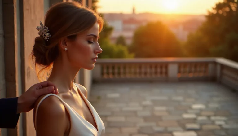 Photo émouvante d'une mariée et de son père sur une terrasse en pierre à Lyon au coucher du soleil, illustration d'une photo prix star légendaire