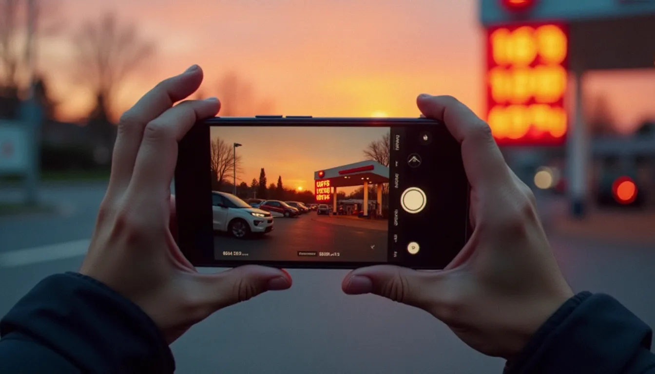 Mains tenant un smartphone pour photographier les prix affichés sur un panneau de station essence française au crépuscule