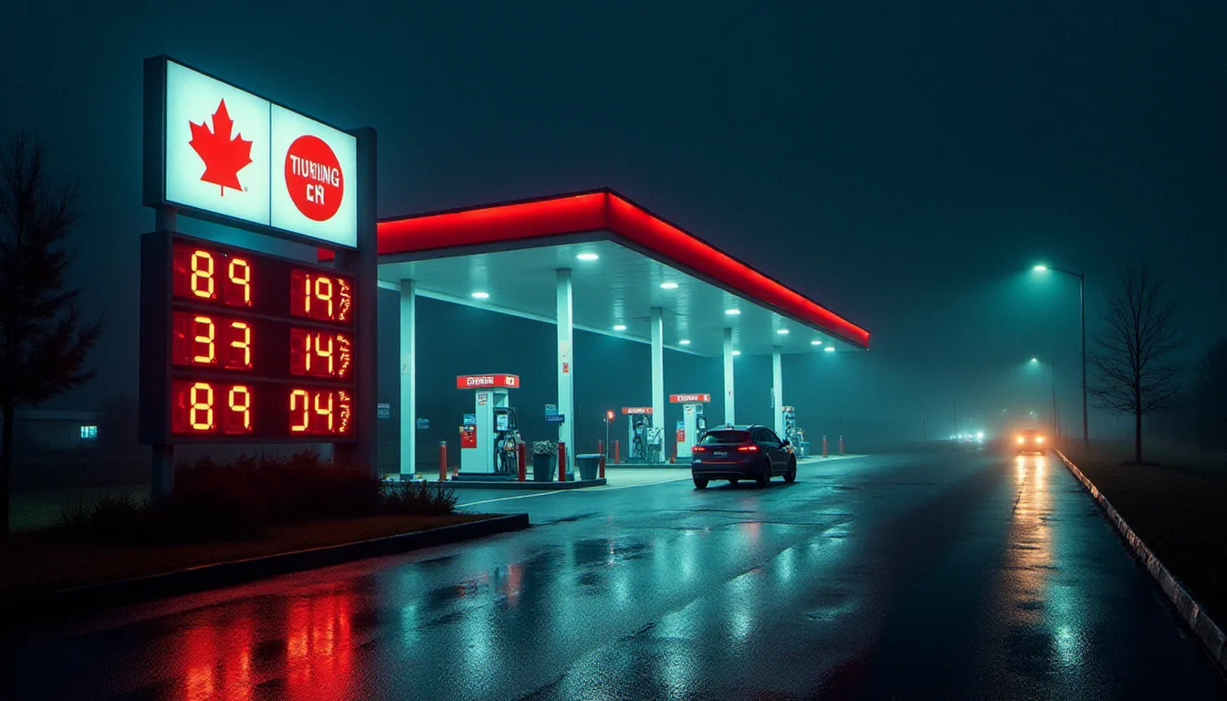 Vue nocturne atmosphérique d'une station essence autoroutière française avec son grand panneau de prix lumineux se reflétant sur l'asphalte mouillé