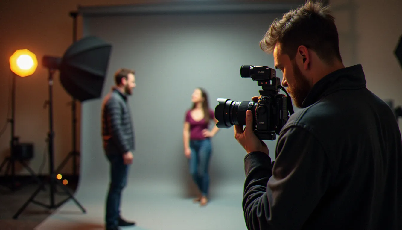Photographe professionnel à Lyon réglant son appareil photo devant un fond neutre gris pour préparer une séance de photo sans arrière plan