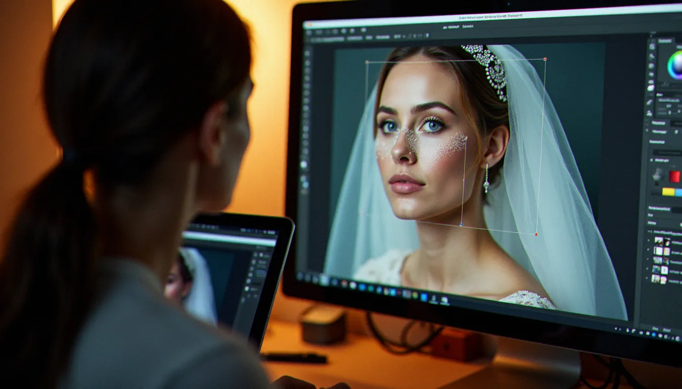 Écran d'ordinateur montrant la retouche d'une photo sans arrière plan d'une mariée dans un logiciel professionnel, avec le fond en damier transparent visible autour du sujet