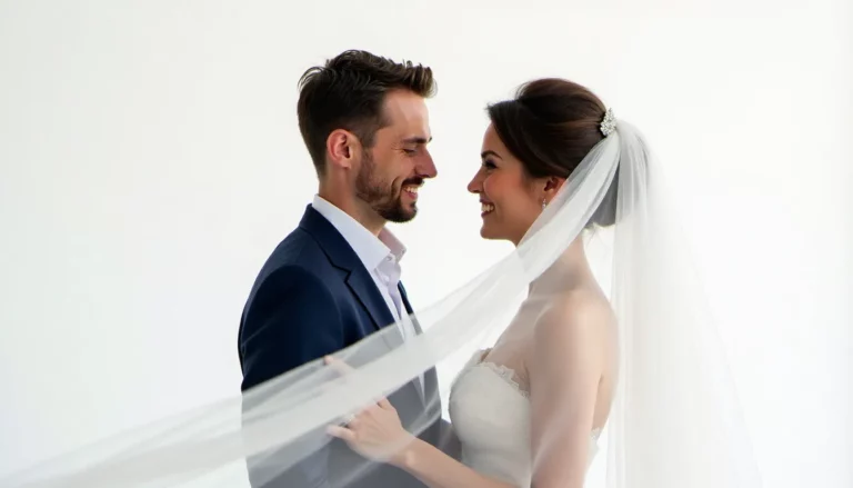 Portrait de couple marié sur fond blanc, illustrant le concept de photo sans arrière plan avec un voile en dentelle et un éclairage professionnel doux
