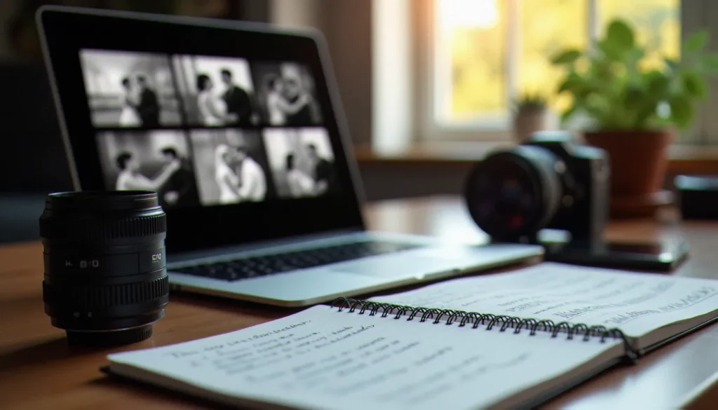 Bureau d'un photographe professionnel avec galerie de photos de mariage à l'écran, illustrant la recherche de photo sans droit d'auteur gratuit