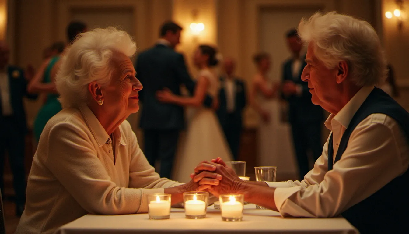 Couple de personnes âgées à une table de réception de mariage, mains enlacées et regard complice, instant intime capturé naturellement en photo sans photo