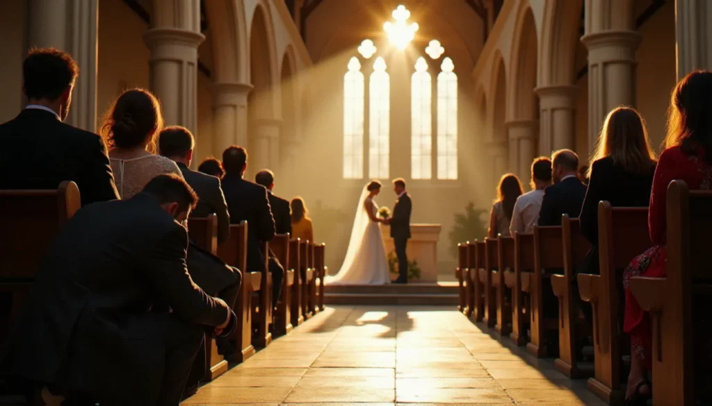 Photographe de mariage discret capturant une cérémonie en photo sans photo dans une église française baignée de lumière naturelle dorée