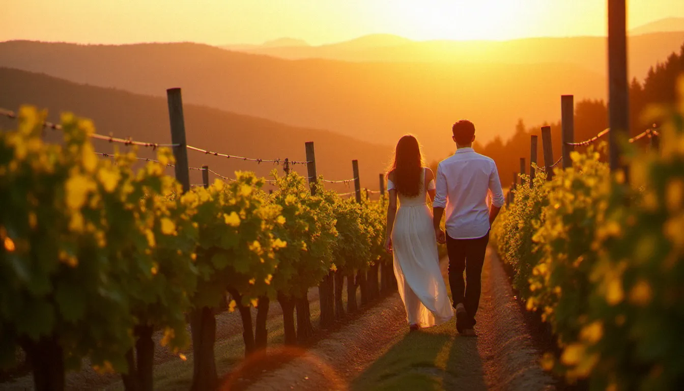 Photographe local capturant un couple de mariés se promenant dans les vignes du Beaujolais au coucher du soleil, collines en arrière-plan