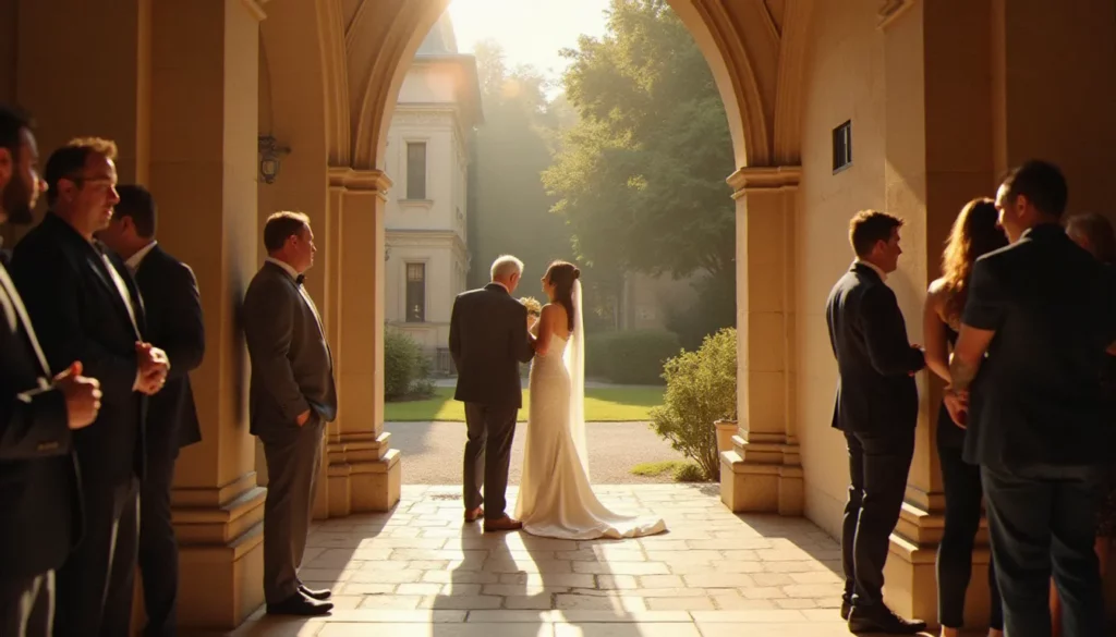Photographe autour de moi à Lyon capturant un moment émouvant entre la mariée et son père dans une cour en pierre dorée par la lumière de l'après-midi