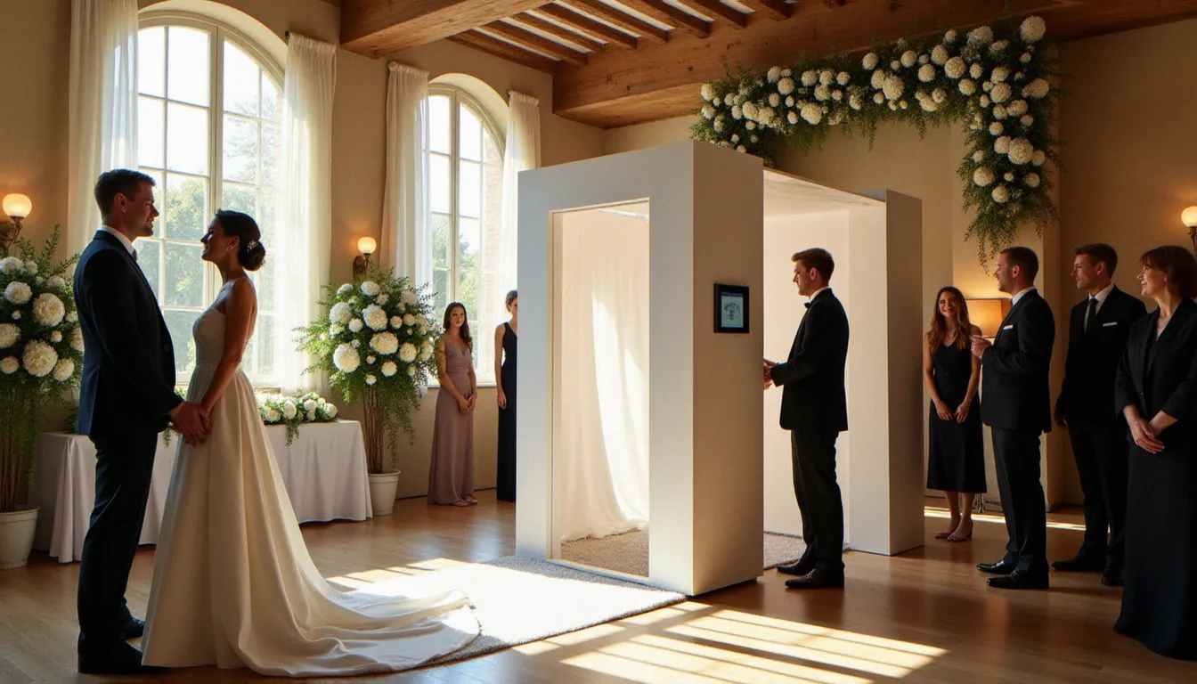 File d'attente d'invités devant une borne photomaton moderne installée dans un château lors d'une réception de mariage dans la région lyonnaise