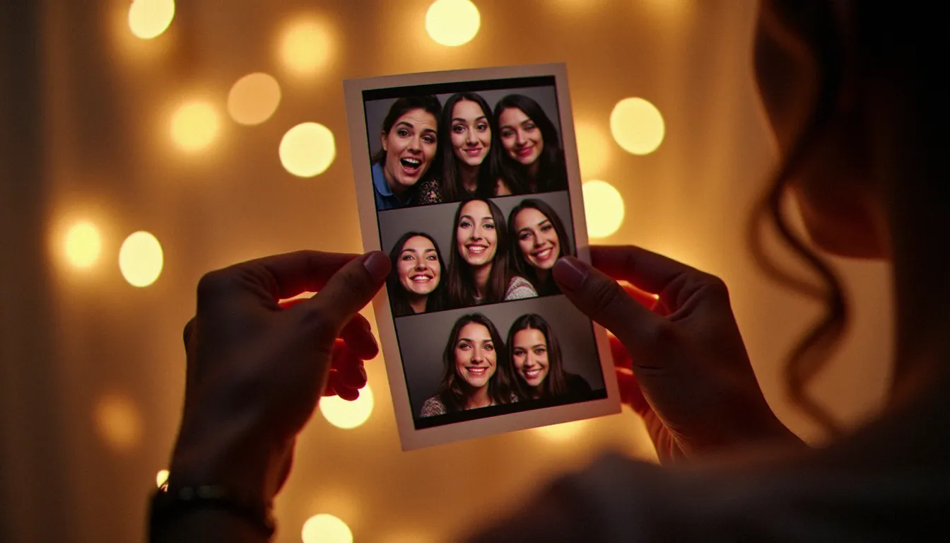 Gros plan sur une bande de photos tirée d'un photomaton tenue entre les mains d'un invité lors d'un mariage, souvenir papier tangible d'une soirée festive