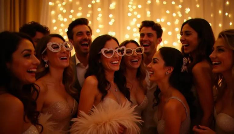Groupe d'invités qui s'amusent devant un photomaton lors d'un mariage à Lyon, illustrant une recherche de photomaton autour de moi pour un événement festif