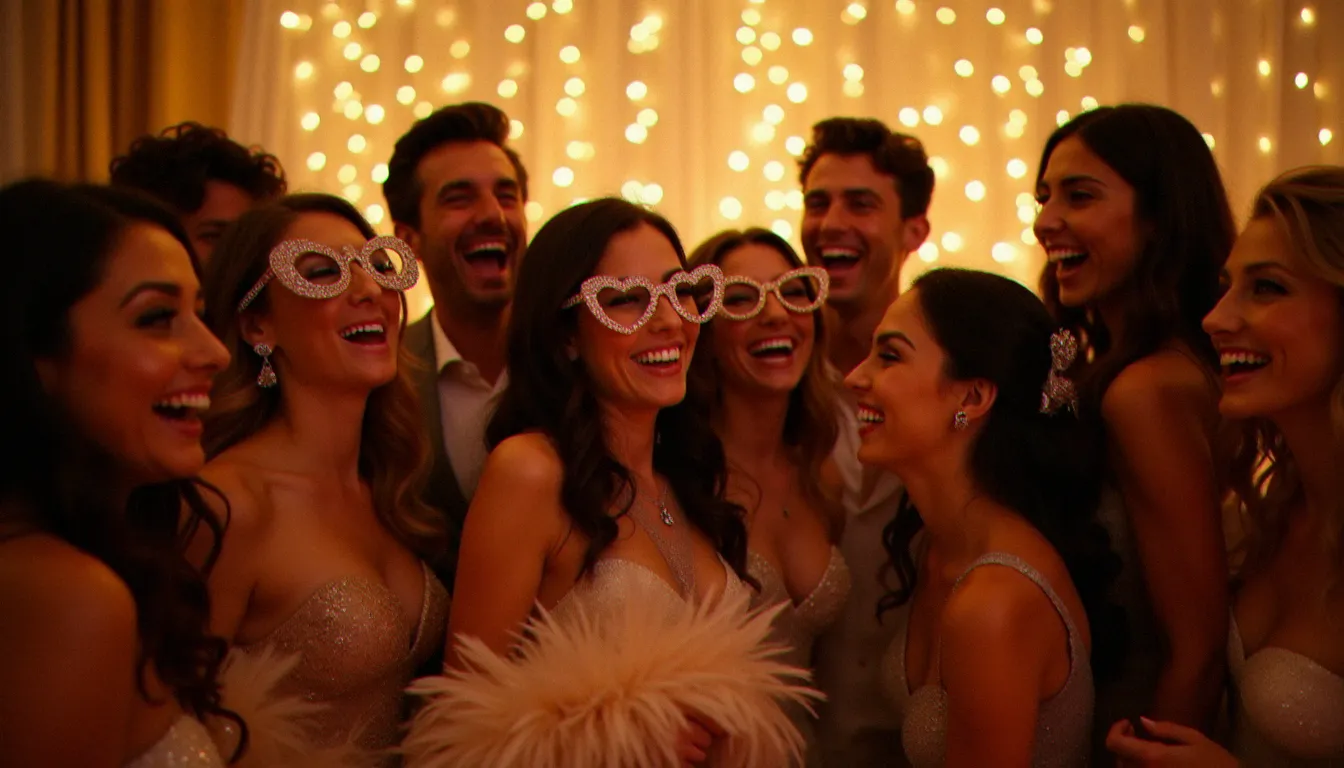 Groupe d'invités qui s'amusent devant un photomaton lors d'un mariage à Lyon, illustrant une recherche de photomaton autour de moi pour un événement festif