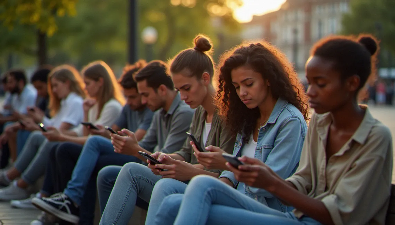 Groupe de personnes regardant leurs smartphones en silence dans un espace public, illustrant le phénomène collectif de la photo de profil noire lors de mouvements de solidarité