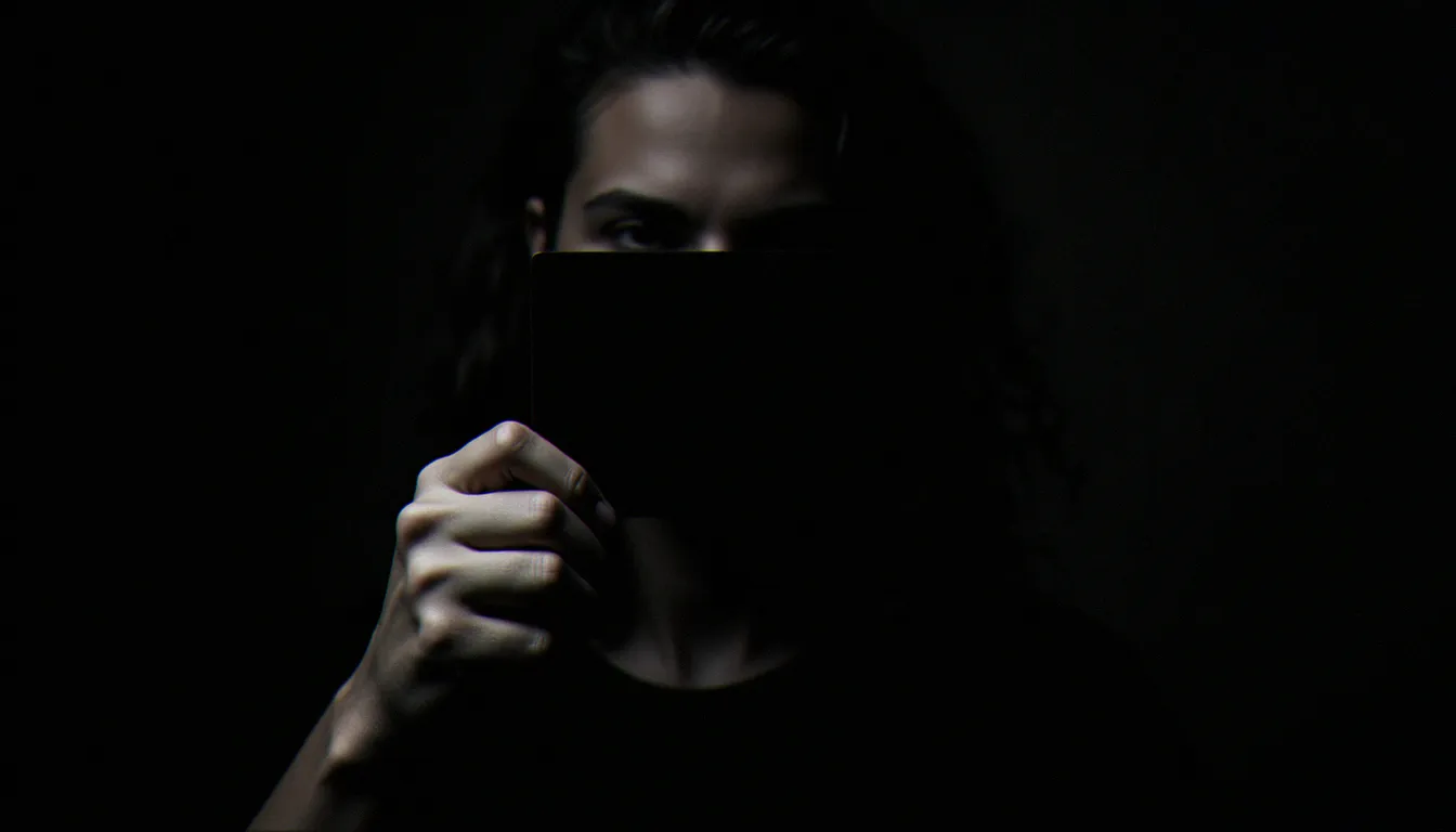 Portrait en clair-obscur d'une main tenant un carré noir devant un visage partiellement éclairé, illustrant la puissance émotionnelle de la couleur noire dans la communication visuelle numérique