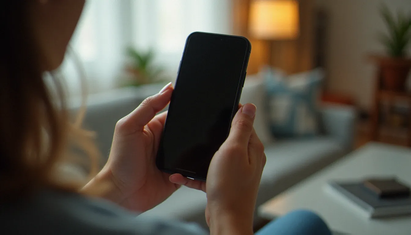 Mains tenant un smartphone affichant une photo de profil noire sur un réseau social, en lumière naturelle douce, illustrant la question pourquoi photo de profil noire