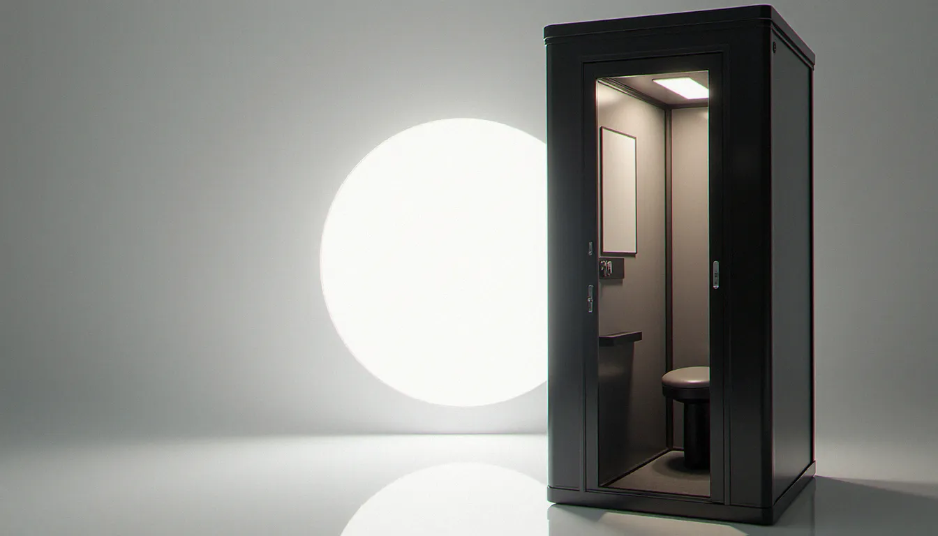 Intérieur d'une cabine photomaton avec éclairage artificiel créant des ombres sur le fond blanc, représentant les conditions techniques imparfaites qui rendent une photo non conforme
