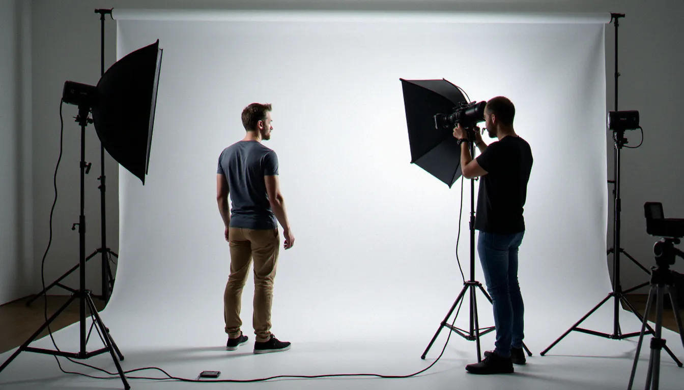 Photographe professionnel à Lyon préparant un éclairage studio pour réaliser une photo d'identité conforme, alternative fiable au photomaton pour éviter une photo non conforme