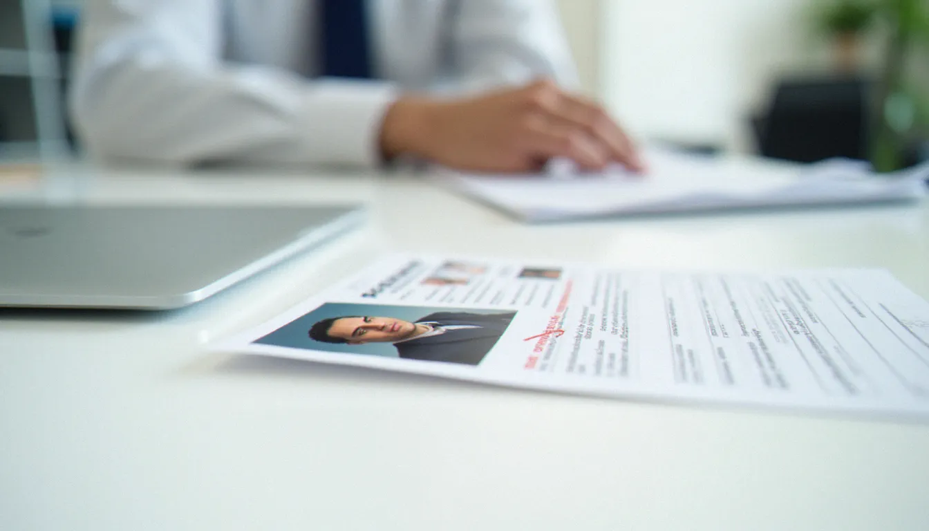 Photo d'identité non conforme posée sur un formulaire de demande de carte d'identité française, illustrant les causes de refus liées à une photo non conforme au photomaton
