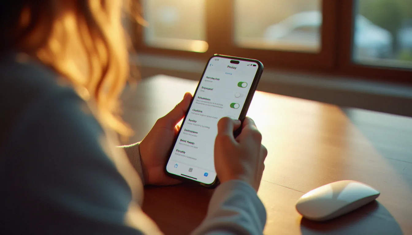 Personne consultant les paramètres de confidentialité d'une application de messagerie sur smartphone pour résoudre un problème de photo de profil disparue