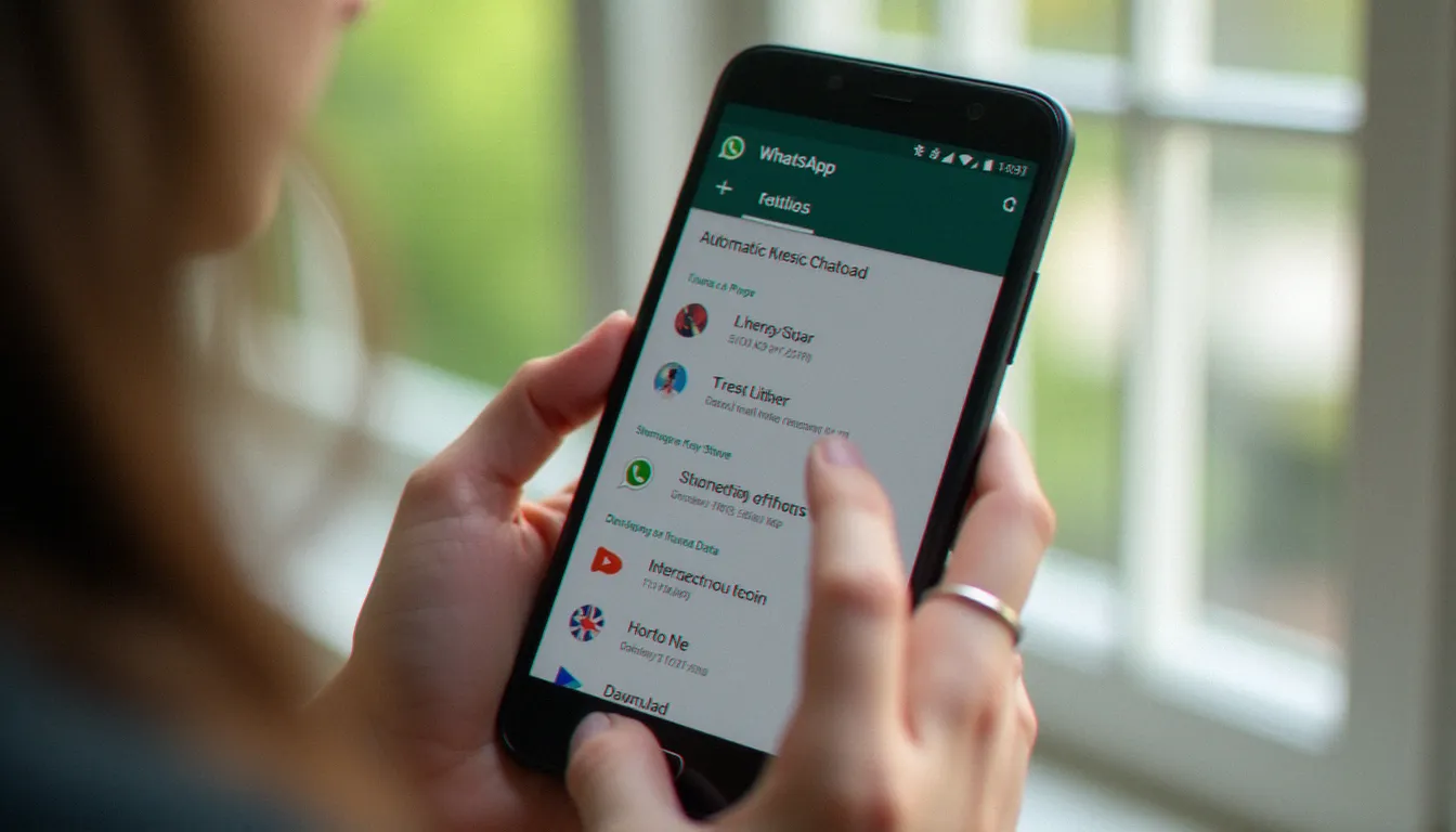 Main tenant un smartphone Android avec le menu des paramètres WhatsApp ouvert sur la section stockage, pour désactiver le téléchargement automatique des médias