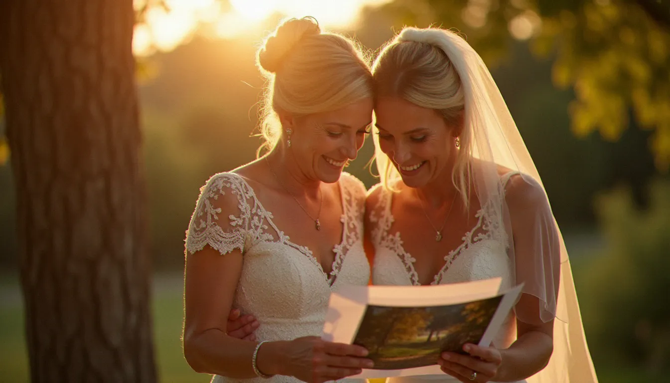 Photographe de mariage capturant discrètement un moment émouvant entre une mariée et sa mère regardant des photos imprimées, lumière dorée dans un lieu de mariage en campagne française