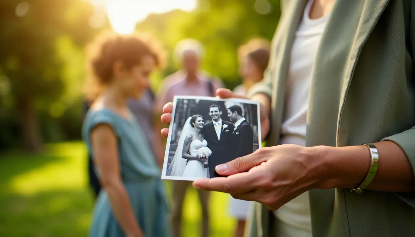 Mains d'une grand-mère tenant une vieille photographie de mariage en noir et blanc lors d'une réunion de famille en plein air