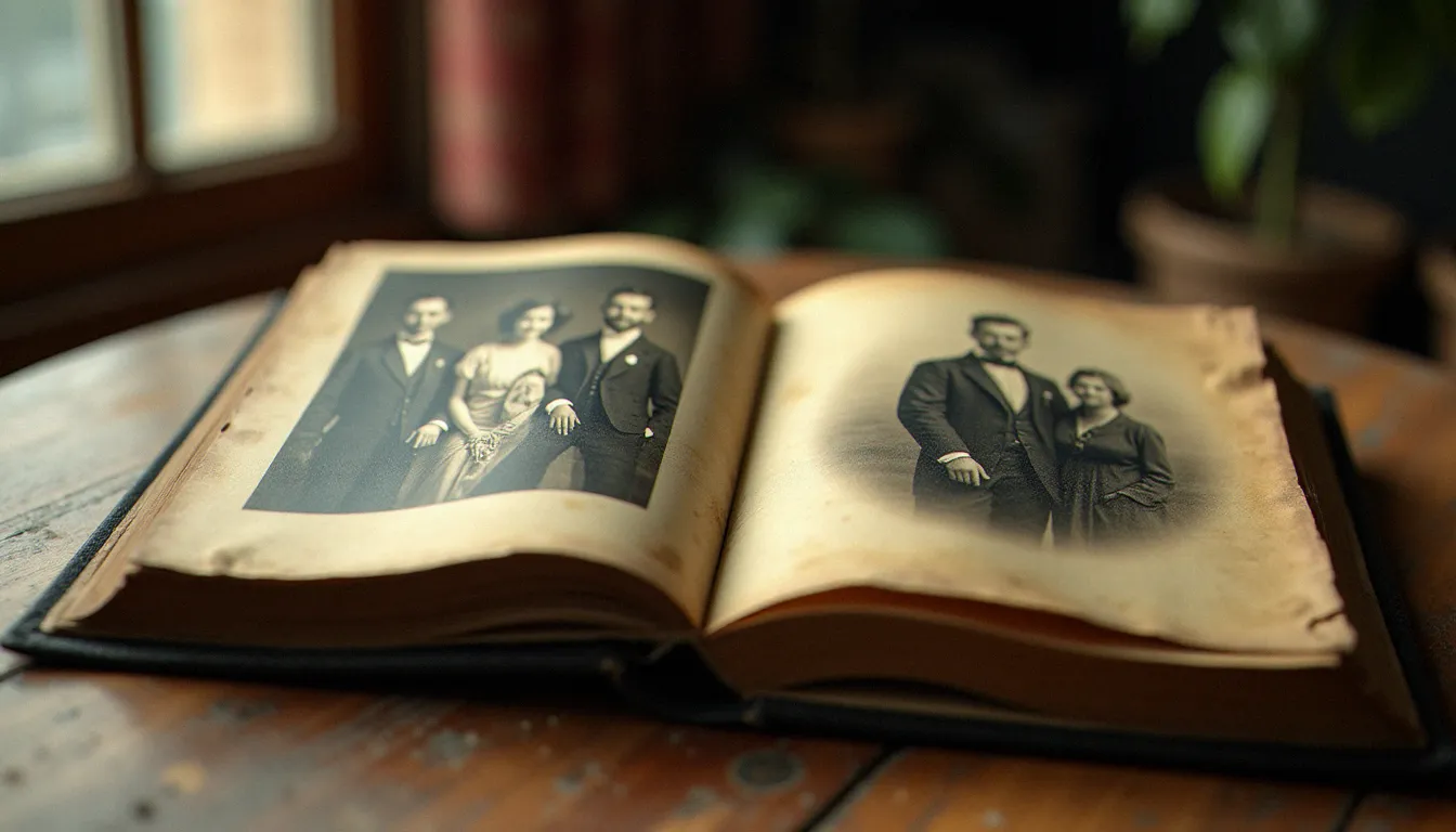 Album de photographies anciennes en noir et blanc ouvert sur une table en bois, évoquant l'histoire et l'évolution du mot photo depuis l'invention de la photographie au XIXe siècle