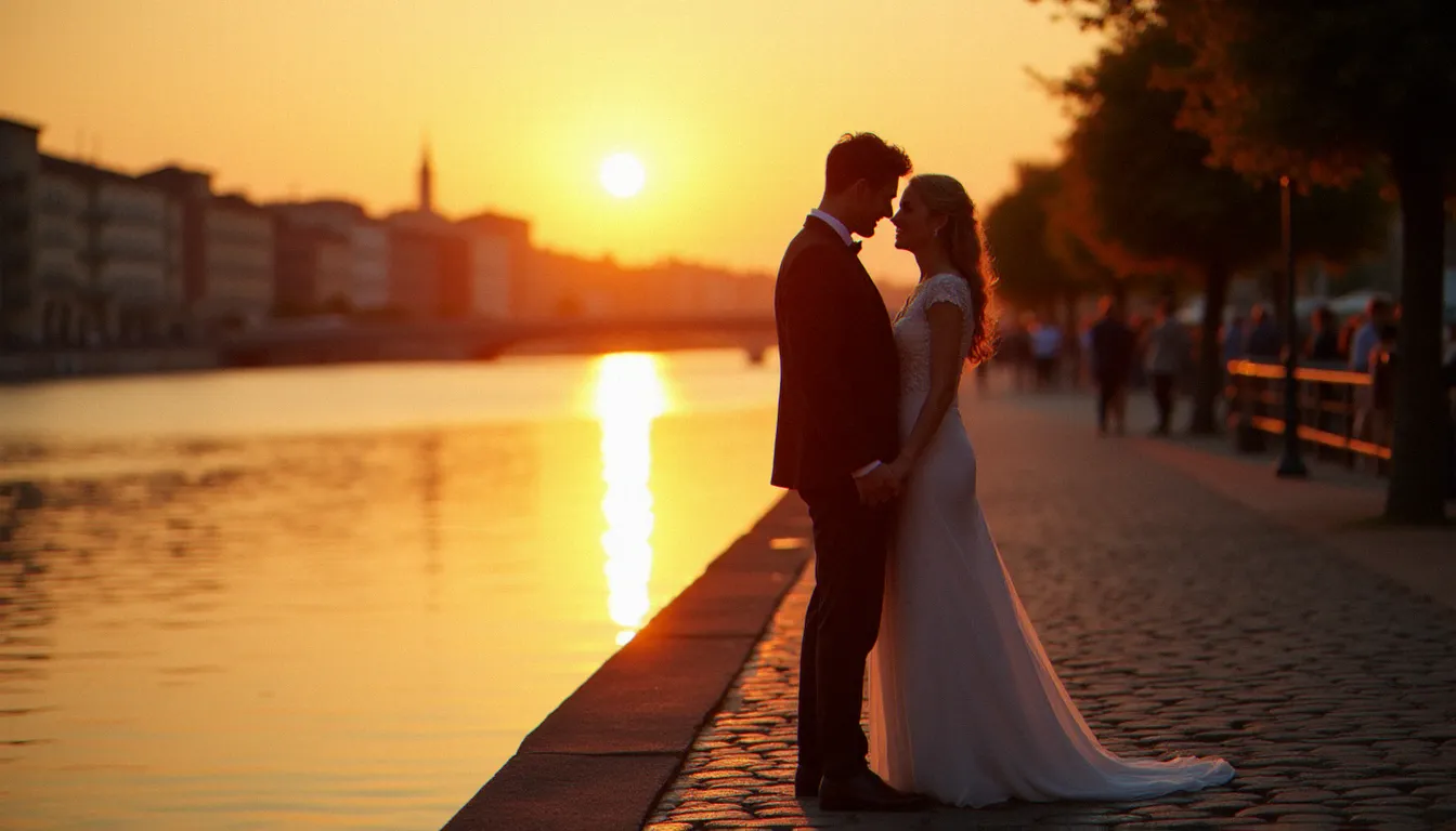Photographe de mariage supervisant une séance portrait en heure dorée sur les quais de Saône à Lyon, avec couple en arrière-plan dans la lumière de fin de journée