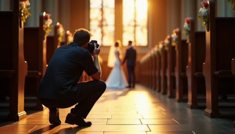 Photographe de mariage capturant discrètement l'échange des vœux dans une église lyonnaise baignée de lumière dorée, illustrant ce que son apocope photo désignent dans l'art du reportage de mariage