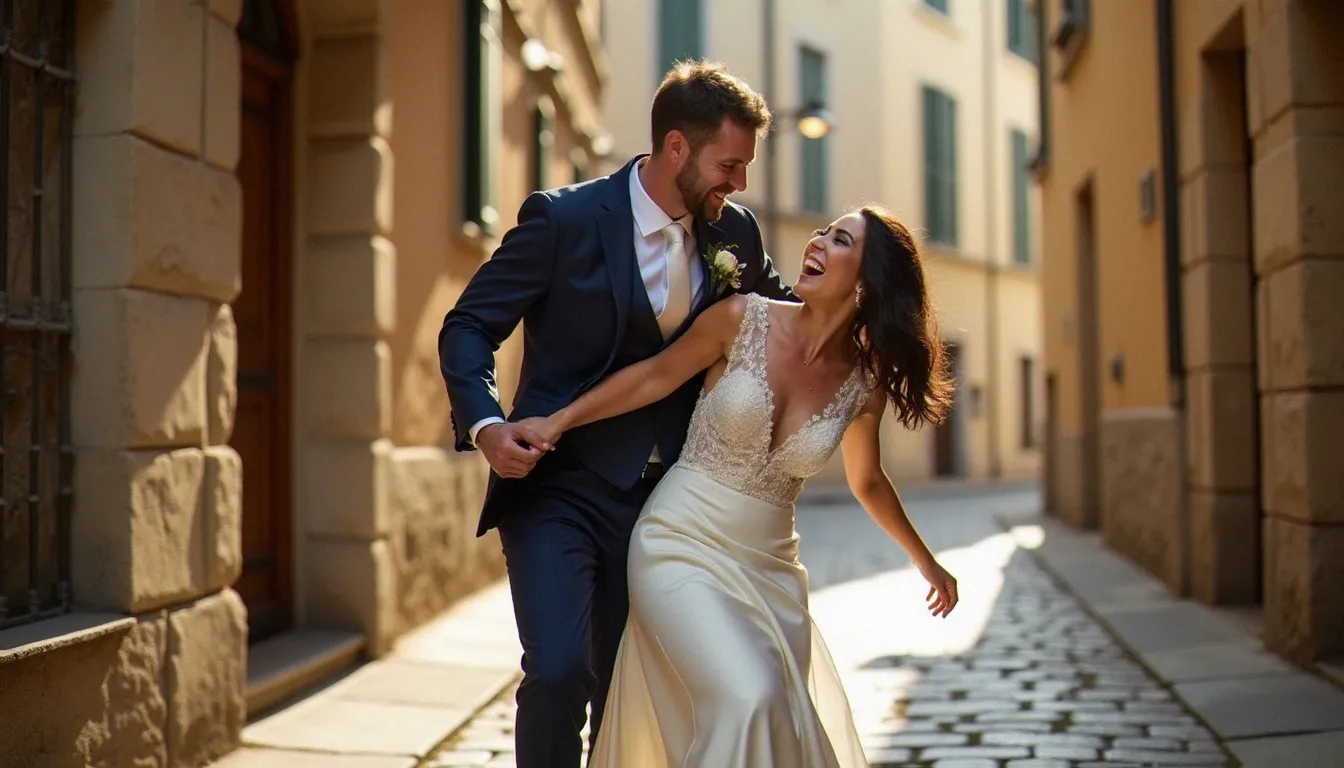 Mariés riant spontanément dans une traboule du Vieux-Lyon, capturant l'émotion authentique qui sublime une photo avec des cœurs dans un reportage mariage
