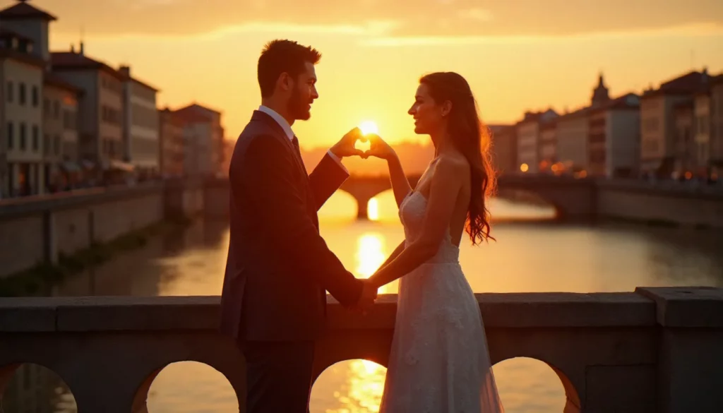 photo avec des coeurs featured Couple formant un cœur avec leurs mains lors d'une photo avec des cœurs au coucher du soleil sur les quais de Lyon