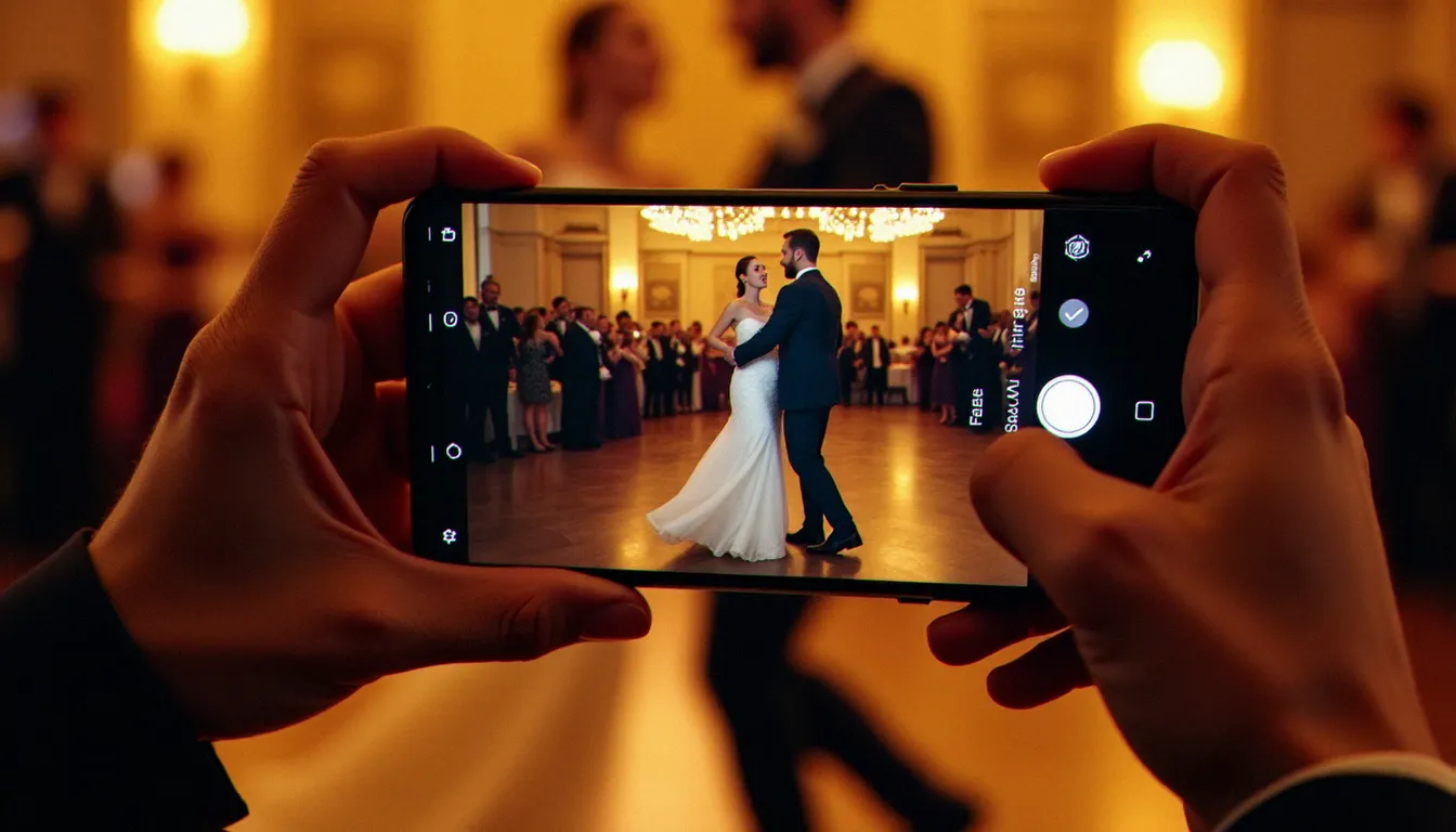 Mains tenant un Samsung Galaxy en mode Expert RAW pour photographier des danseurs lors d'une réception de mariage, interface de réglage vitesse d'obturation visible