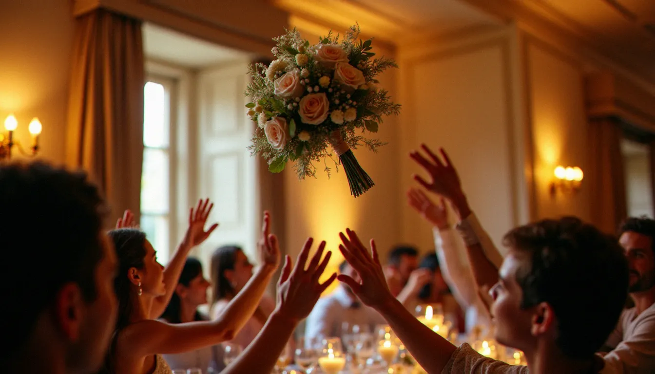 Bouquet de mariage figé en plein vol au-dessus des invités lors d'un lancé capturé en mode rafale sur Samsung, effet de photo avec mouvement