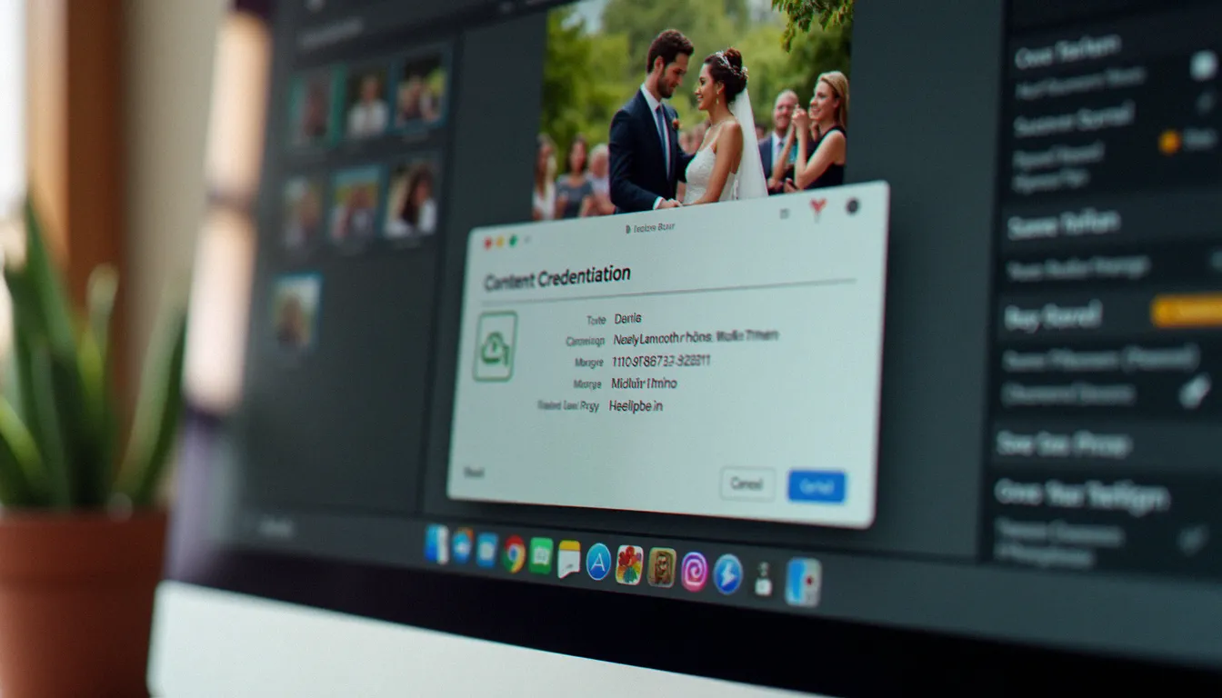 Interface Adobe Lightroom affichant les Content Credentials d'une photo de mariage, illustration du processus de signature numérique