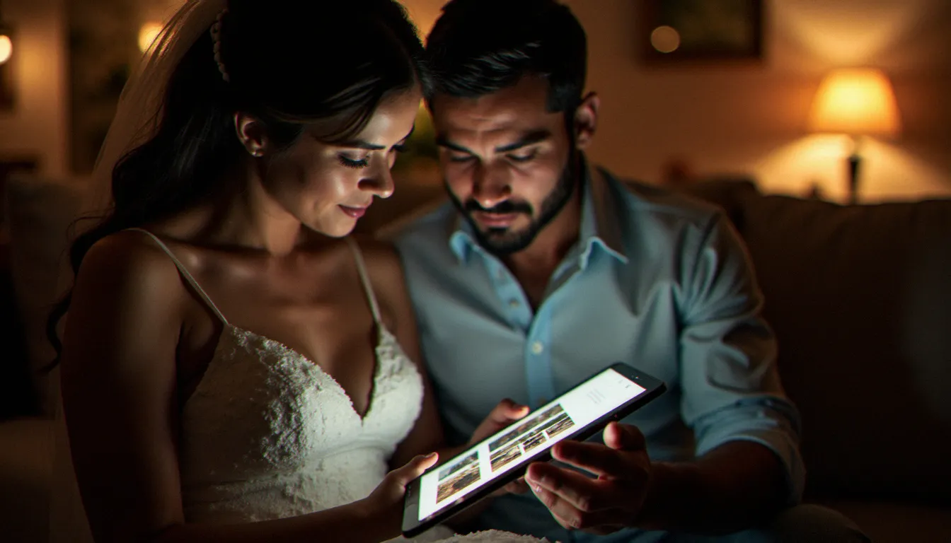Jeunes mariés consultant sur tablette leurs photos de mariage authentifiées par signature numérique, dans une ambiance chaleureuse et intime