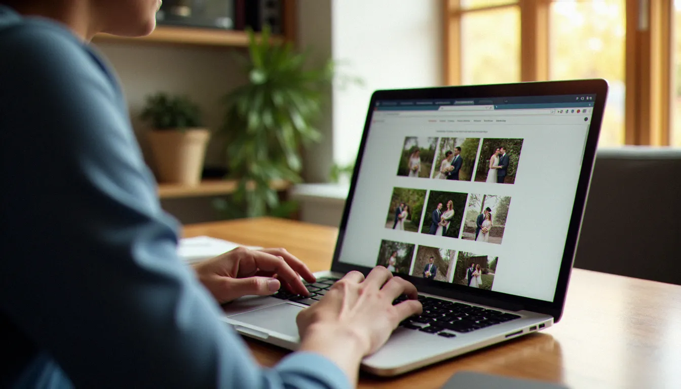 Personne consultant des avis photographe mariage sur plusieurs plateformes depuis un bureau en bois, dans une lumière naturelle tamisée.