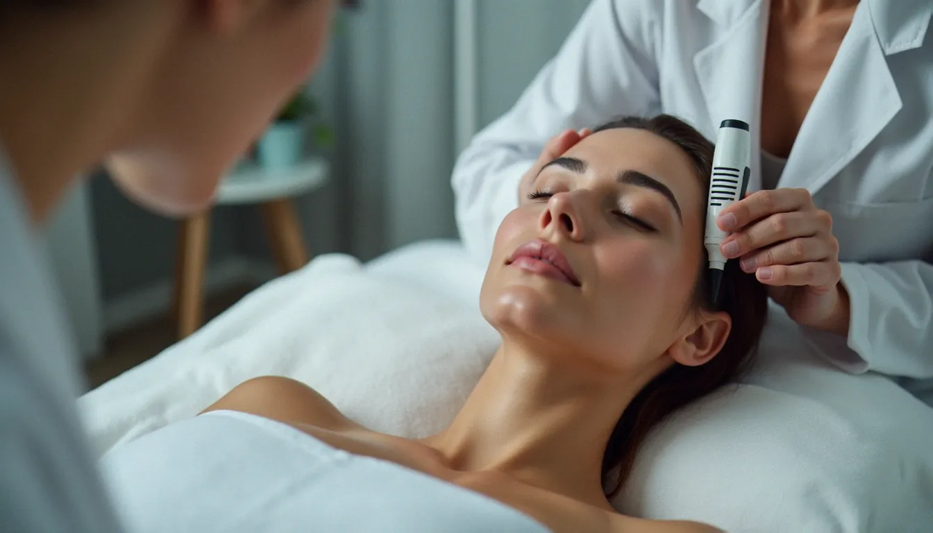 Patiente recevant une séance de photo bio modulation laser sur l'avant-bras dans un cabinet de kinésithérapie moderne