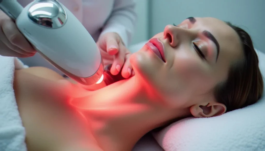 photo bio modulation laser featured Appareil de photo bio modulation laser émettant une lumière rouge douce sur la peau dans un cabinet médical professionnel