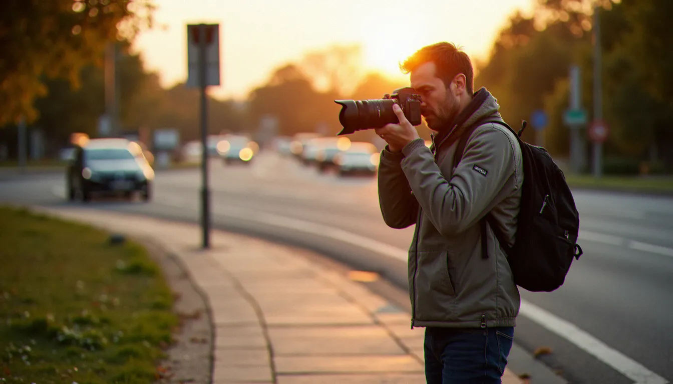 Photographe en position sur le trottoir d'un rond point à la lumière dorée du soir, tenant un téléobjectif orienté vers la circulation