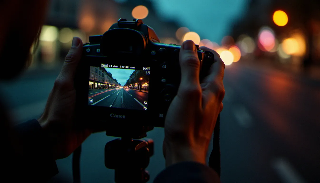 Écran d'un appareil photo montrant une photo de rond point avec des filés de lumière, mains du photographe réglant les paramètres de post-production sur le terrain