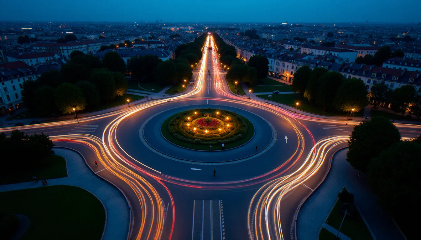 Photo d'un rond point en longue exposition vue du dessus à l'heure bleue, avec des traînées lumineuses circulaires formées par les phares des voitures