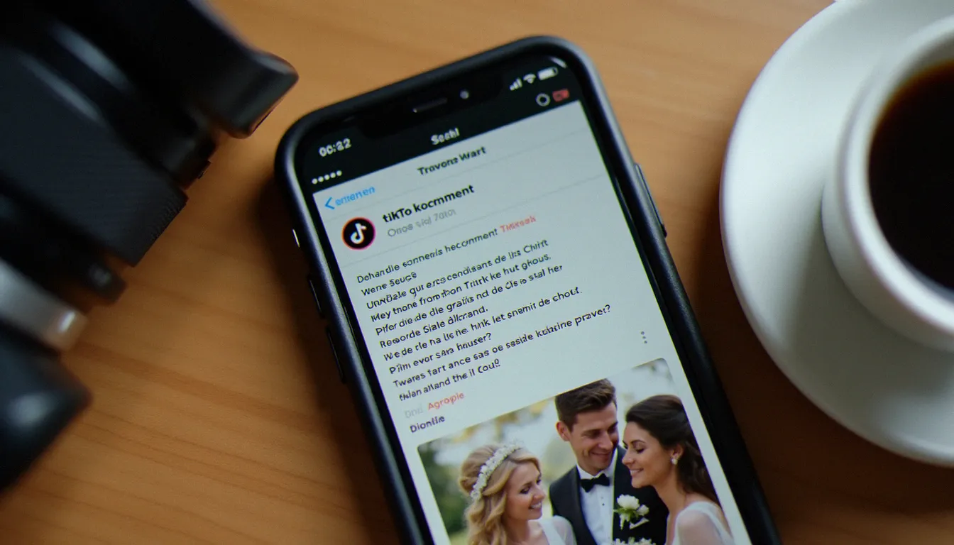 Écran de smartphone affichant des commentaires TikTok drôles sous une photo de mariage, illustrant le phénomène des photos commentaire TikTok drôle virales