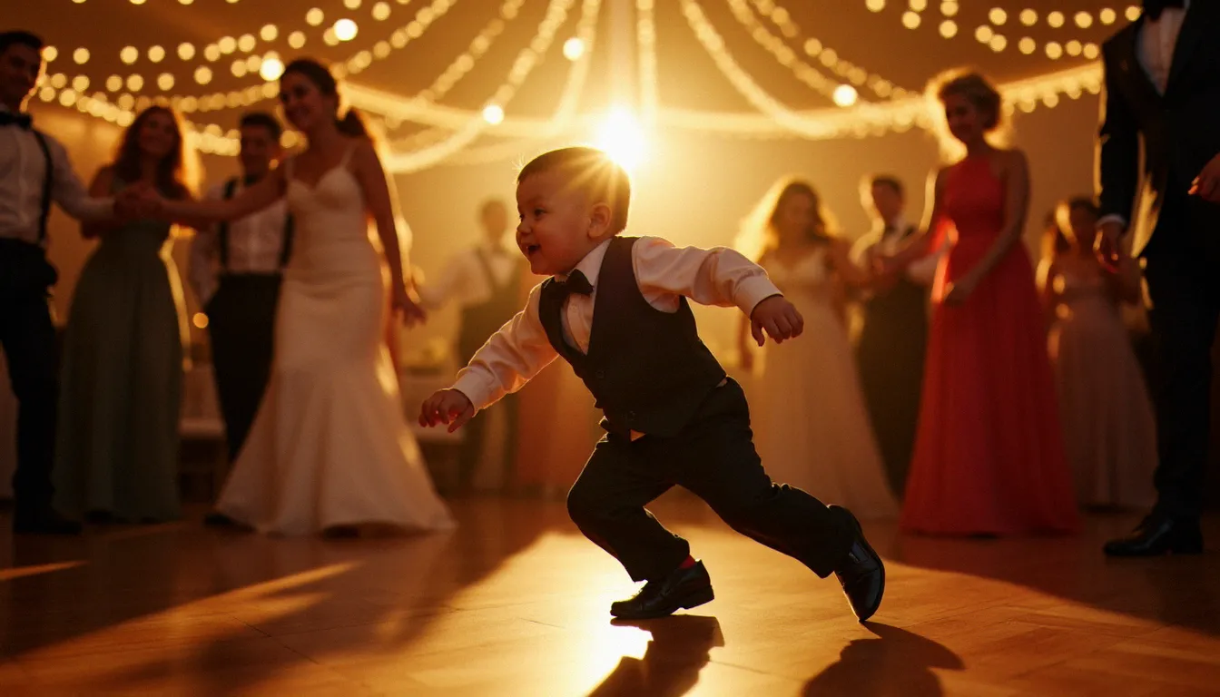 Appareil photo en mode rafale capturant un moment comique spontané sur une piste de danse de mariage, le genre d'instant qui devient une photo commentaire TikTok drôle