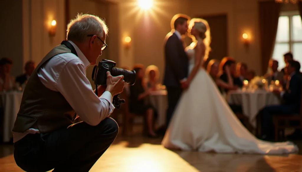 photo commentaire tiktok drole featured Photographe de mariage capturant une photo commentaire TikTok drôle lors d'une réception, avec une grand-mère qui imite inconsciemment la pose des mariés en arrière-plan