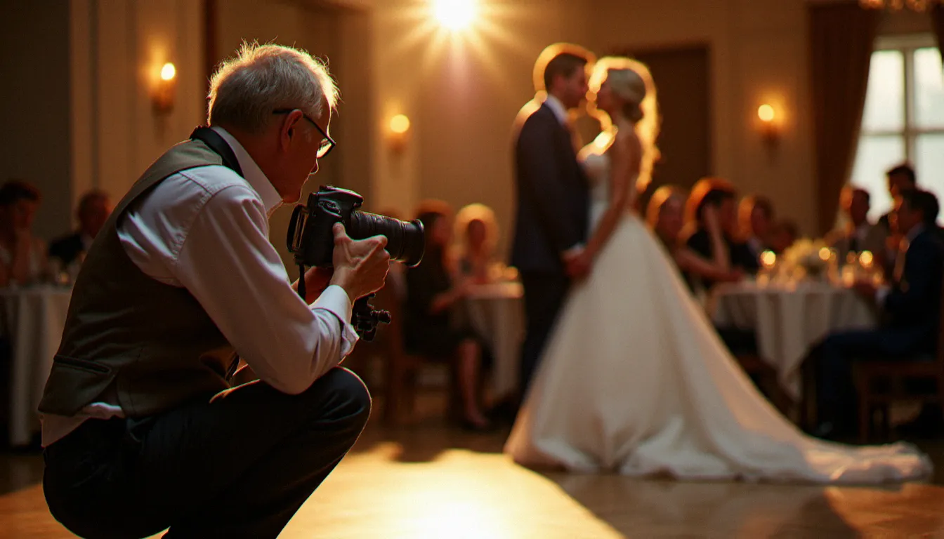 Photographe de mariage capturant une photo commentaire TikTok drôle lors d'une réception, avec une grand-mère qui imite inconsciemment la pose des mariés en arrière-plan