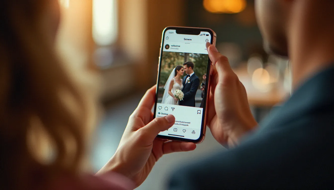 Une personne tenant un smartphone avec une photo de mariage prête à être partagée, illustrant les dangers des photos sur les réseaux sociaux