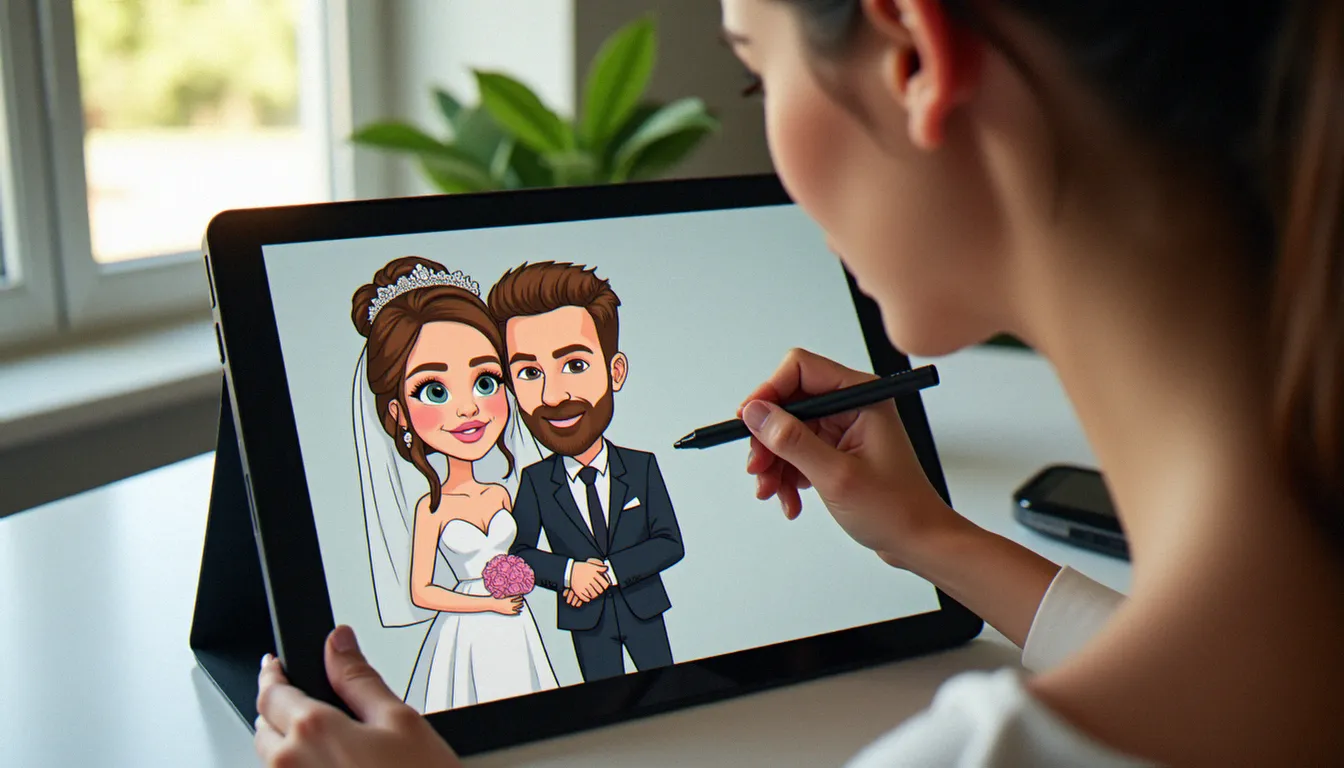 Mains d'un graphiste retouchant un portrait de couple en effet dessin animé sur tablette graphique professionnelle